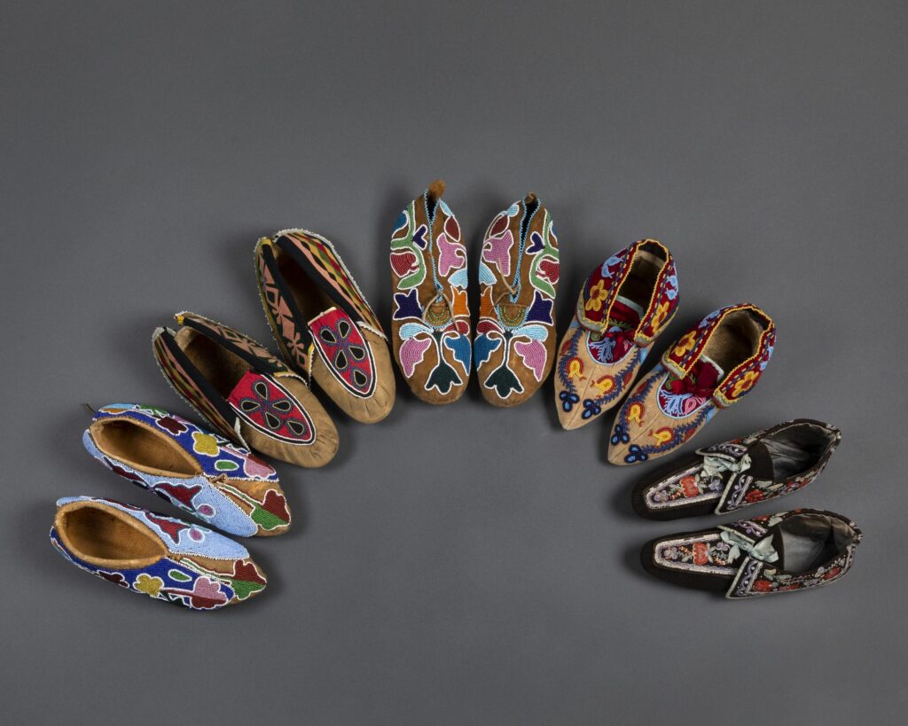 collection of moccasins by unknown Potawatomi, Otoe, Ojibwa, and Wyandot artists
