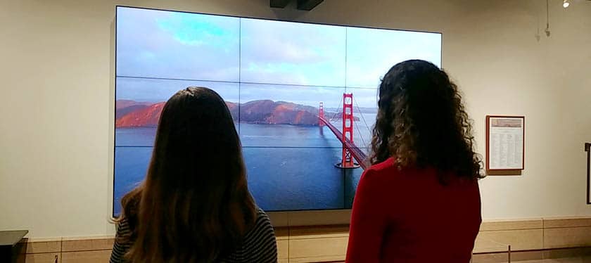 Two people looking at an exhibit