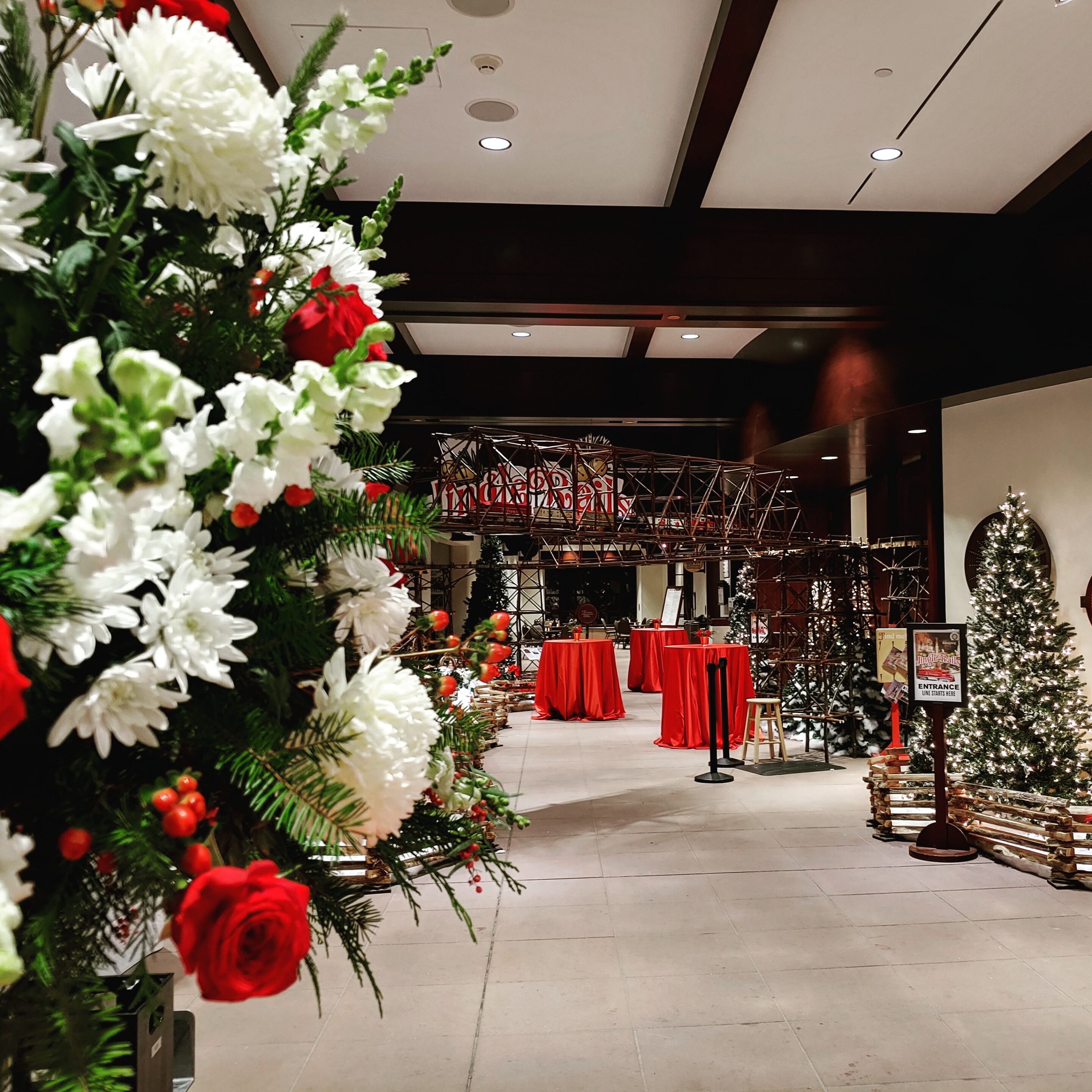 tables set at a corporate event in the Clowes Sculpture Court